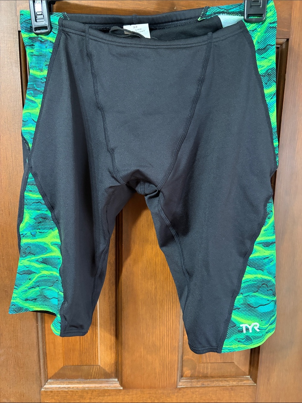 TYR Men’s Black with Green Pattern Jammer Swim Trunks 32